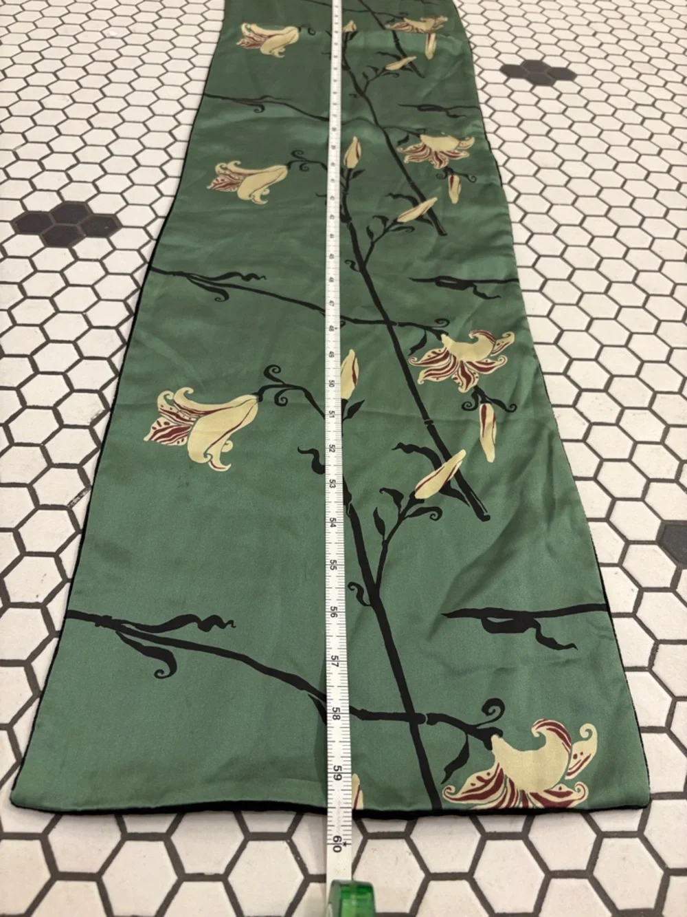 Silk Velvet Orchid Print Scarf Green Red Black Reversible